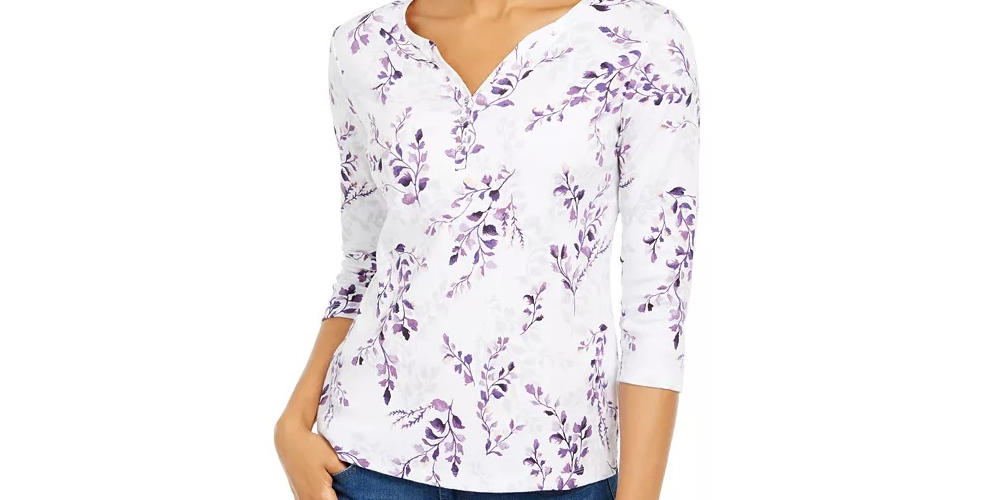 Karen Scott Blusa Feminina Estampada Manga 3/4 Branca e Azul Tamanho Pequeno