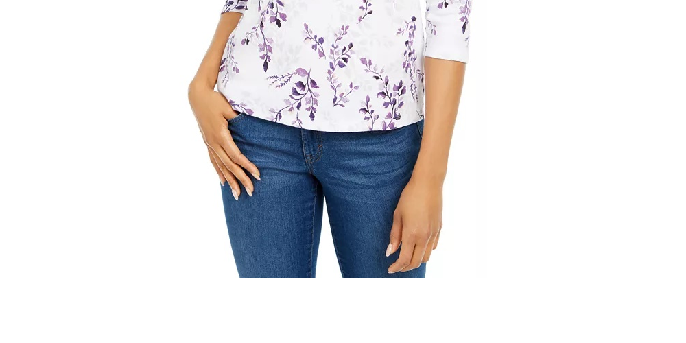 Karen Scott Blusa Feminina Estampada Manga 3/4 Branca e Azul Tamanho Pequeno