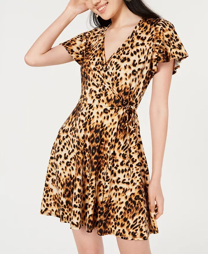Vestido curto com estampa animal feminina BCX, manga curta, decote em V, marrom, tamanho grande