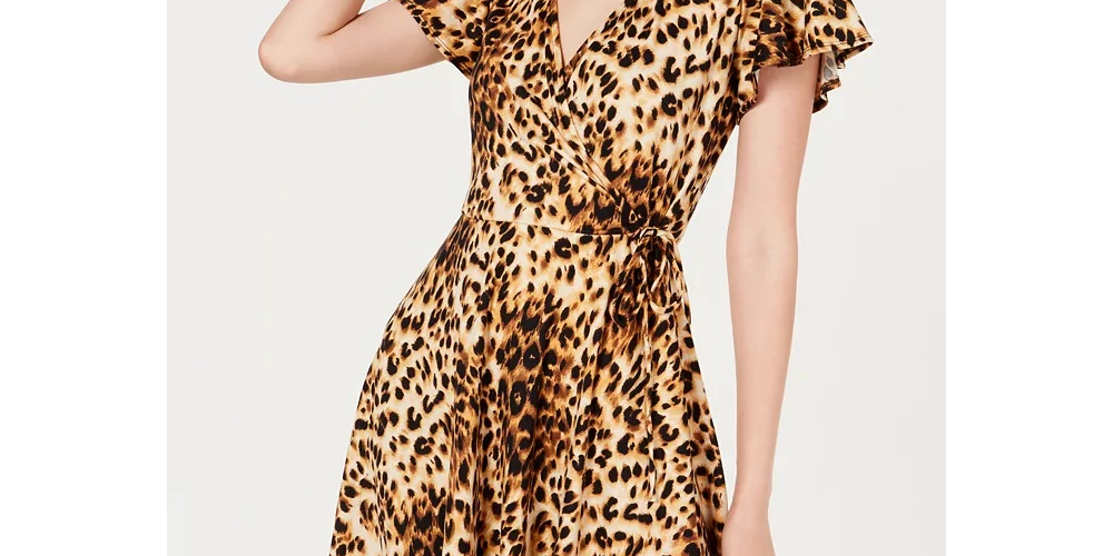 Vestido curto com estampa animal feminina BCX, manga curta, decote em V, marrom, tamanho grande