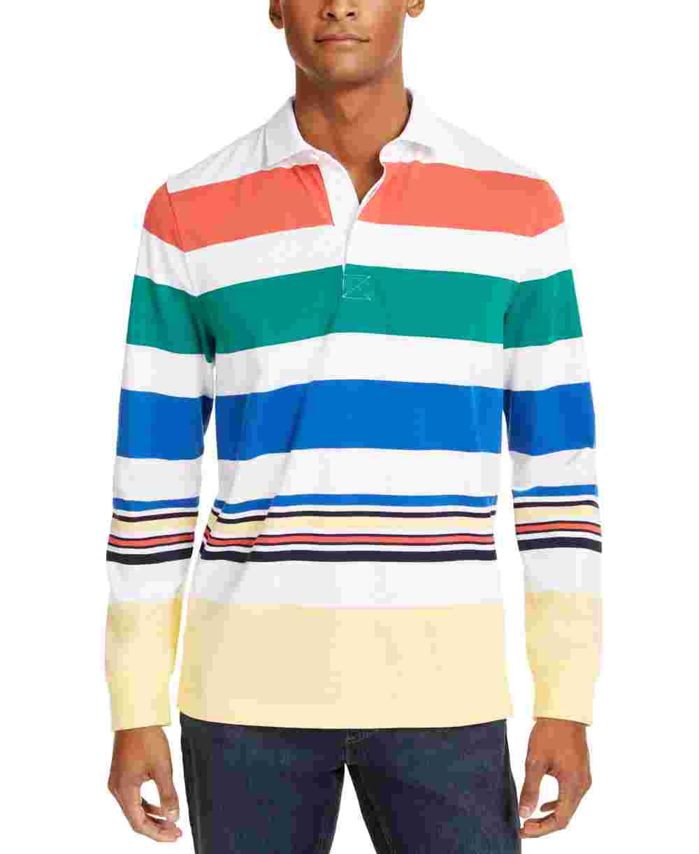 Camisa listrada branca masculina Clubroom, manga comprida, gola, tamanho médio