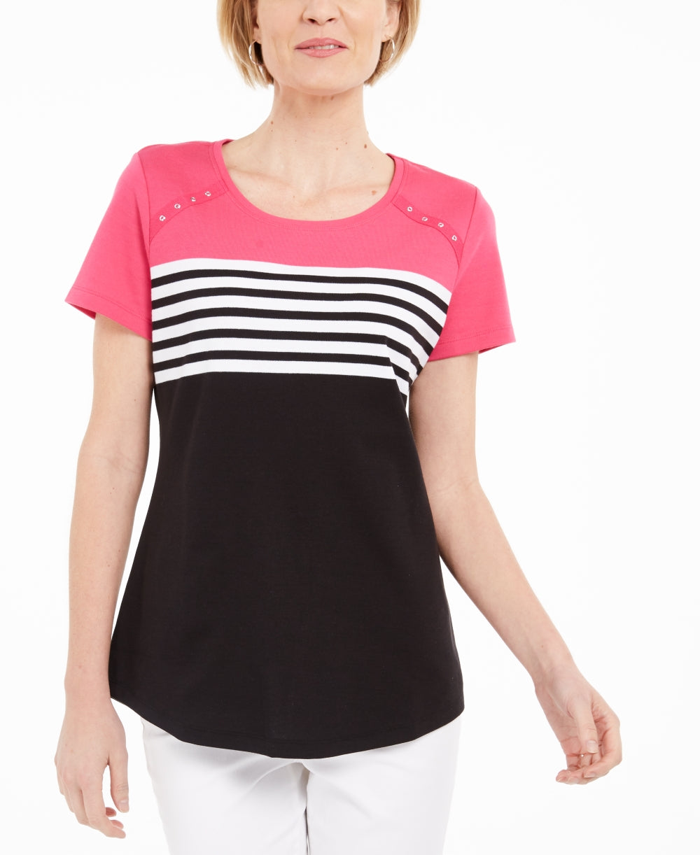 Karen Scott Tara Colorblocked Listras Rebite Top Feminino Rosa Tamanho P
