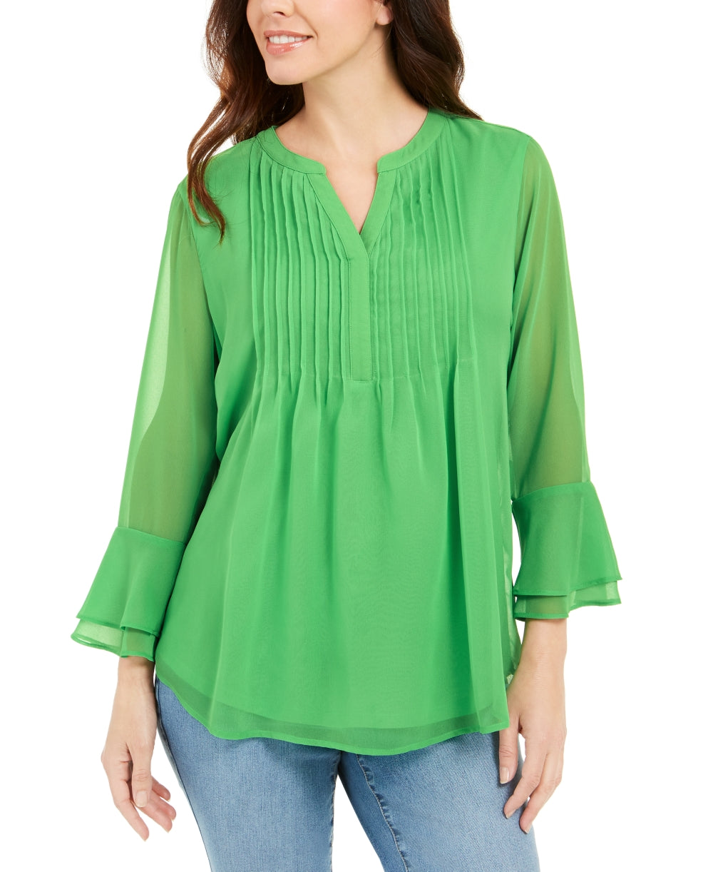 Charter Club Blusa Feminina com Babados Duplos e Estampa Pintuck Verde Tamanho P