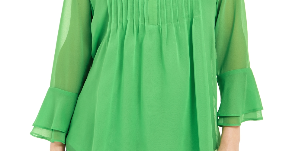 Charter Club Blusa Feminina com Babados Duplos e Estampa Pintuck Verde Tamanho P