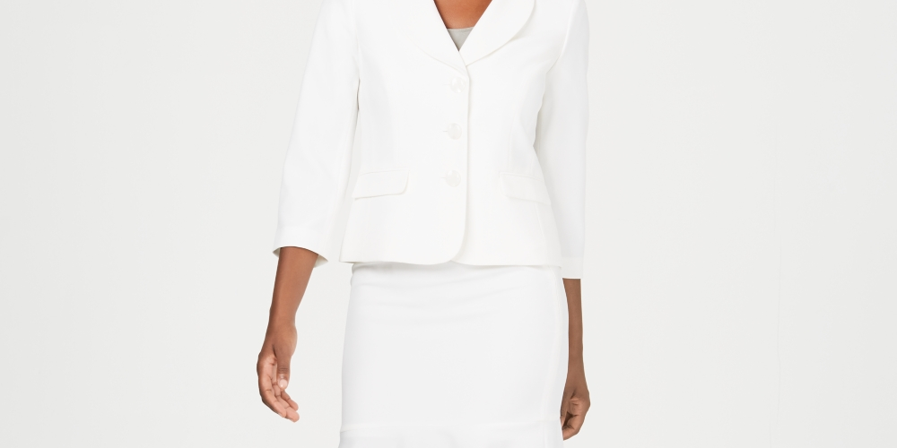 Terno feminino Le Suit com saia de crepe de três botões, branco, tamanho 14