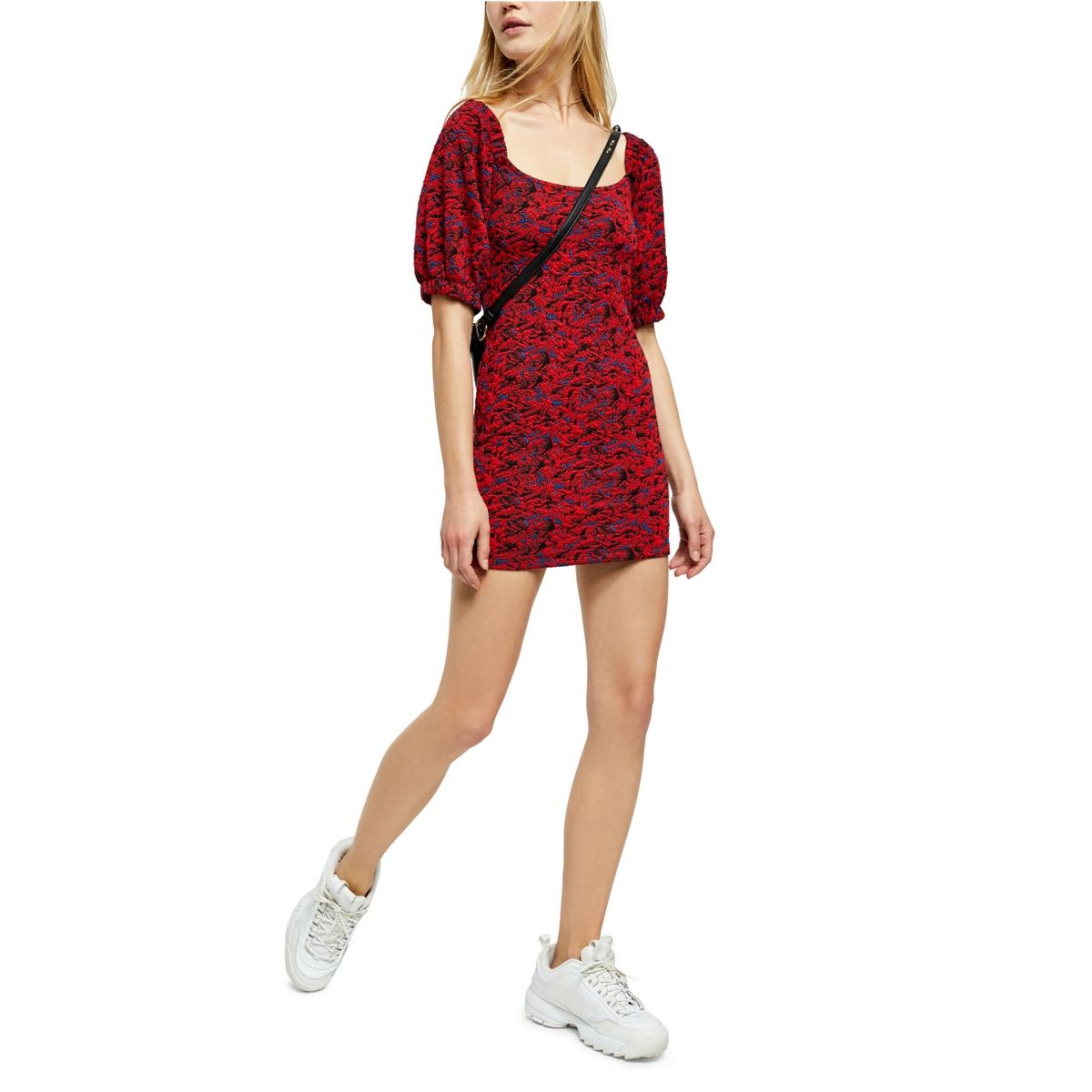 Free People Women's Sunset Textured Cold Shoulders Mini Dress Red Size Large