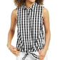 Camisa feminina com estampa xadrez e bainha amarrada, preta, tamanho 10, da Charter Club