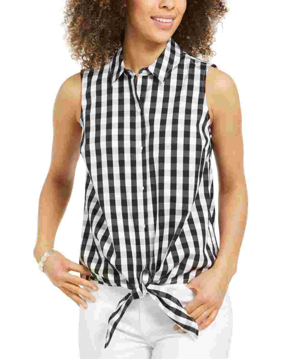 Camisa feminina com estampa xadrez e bainha amarrada, preta, tamanho 10, da Charter Club