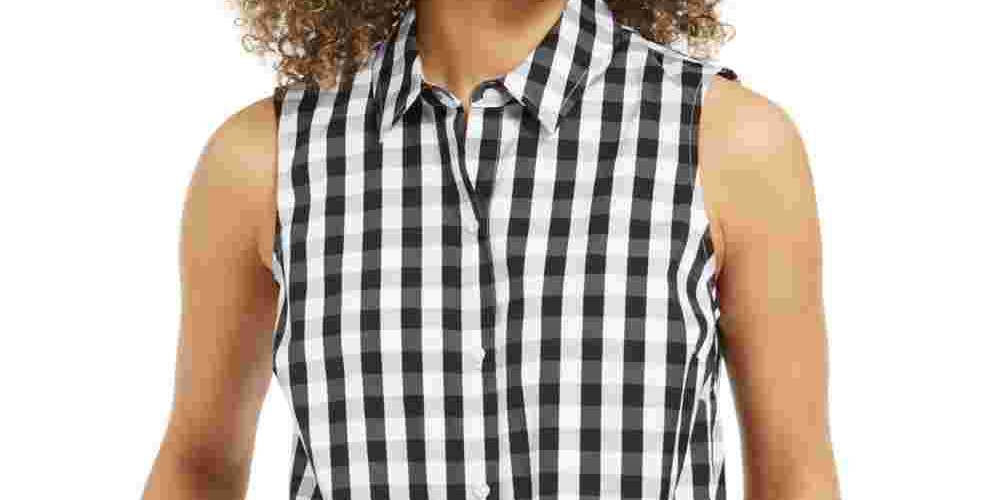 Camisa feminina com estampa xadrez e bainha amarrada, preta, tamanho 10, da Charter Club