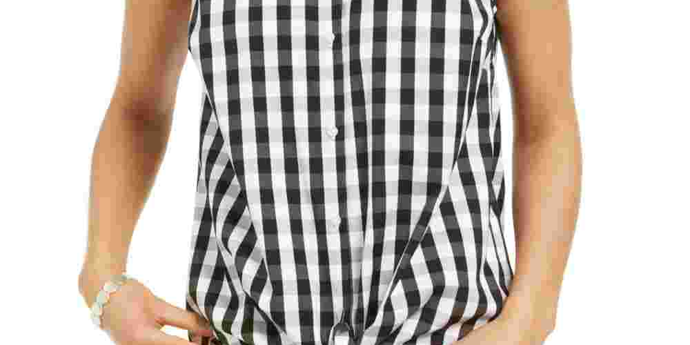 Camisa feminina com estampa xadrez e bainha amarrada, preta, tamanho 10, da Charter Club