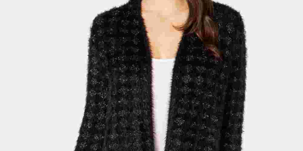 Cardigan Alfani Feminino Petite Eyelash-Yarn Preto Tamanho Pequeno Grande