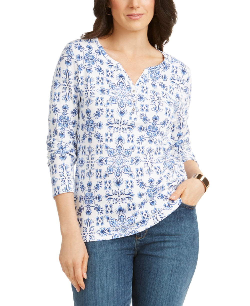 Blusa feminina Karen Scott com estampa de azulejos, azul, tamanho pequeno