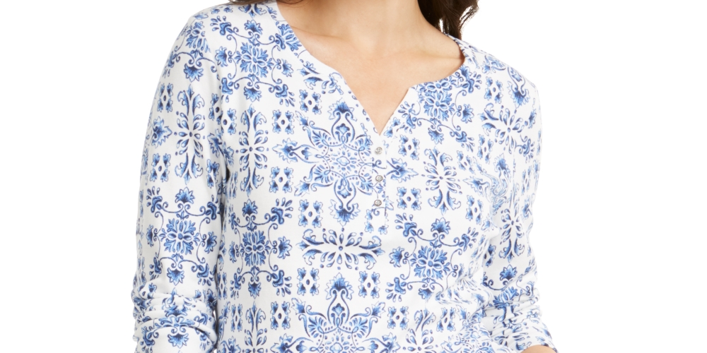 Blusa feminina Karen Scott com estampa de azulejos, azul, tamanho pequeno