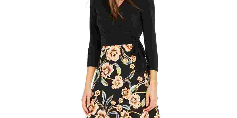 Vestido feminino com saia estampada e amarração lateral, preto, tamanho 14, da INC International Concepts