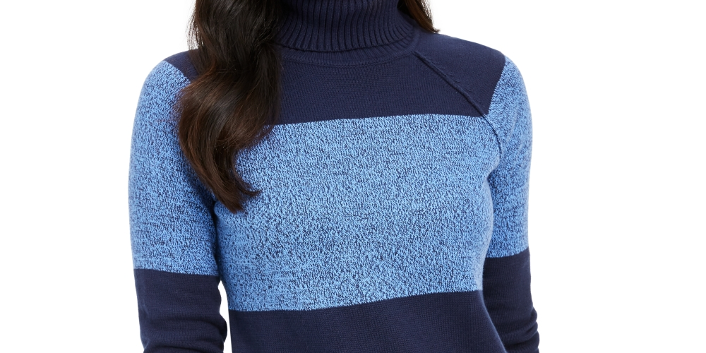 Karen Scott Suéter Feminino de Algodão Colorblock com Gola Alta Azul Tamanho PS