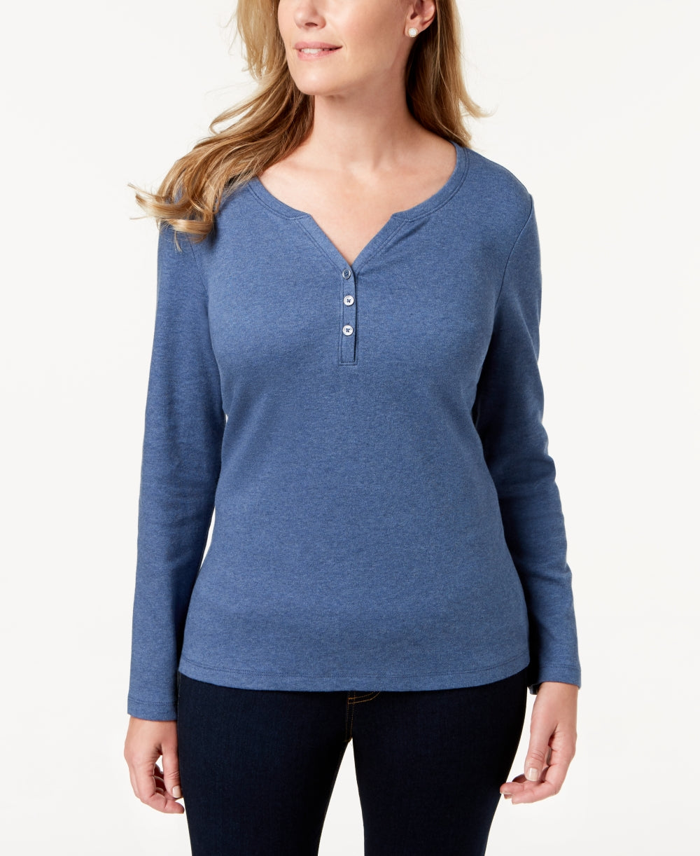 Karen Scott Top Henley de Algodão Feminino Azul Tamanho XX-G