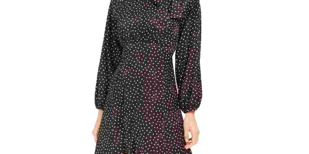 Vestido Calvin Klein Feminino Jacquard com Decote Amarrado e Bolinhas, Preto, Tamanho 12