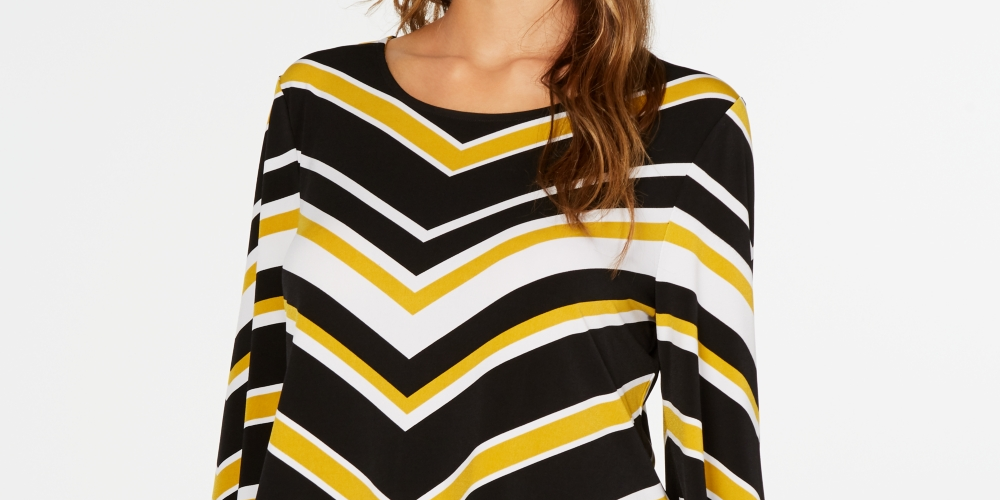 Blusa feminina Alfani Petite Listrada com Bainha em V, Amarela, Tamanho PS