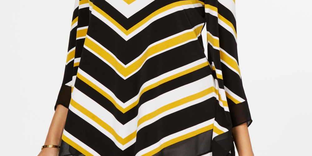 Blusa feminina Alfani Petite Listrada com Bainha em V, Amarela, Tamanho PS