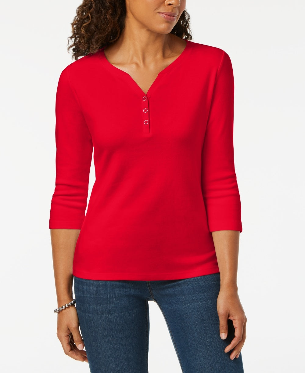 Karen Scott Top Henley de Algodão Feminino Petite Vermelho Brilhante Tamanho Petite