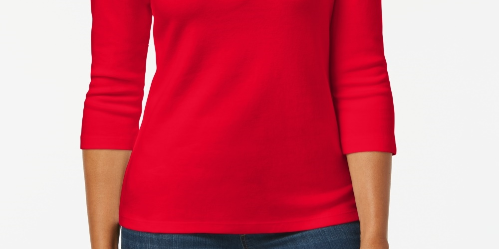 Karen Scott Top Henley de Algodão Feminino Petite Vermelho Brilhante Tamanho Petite