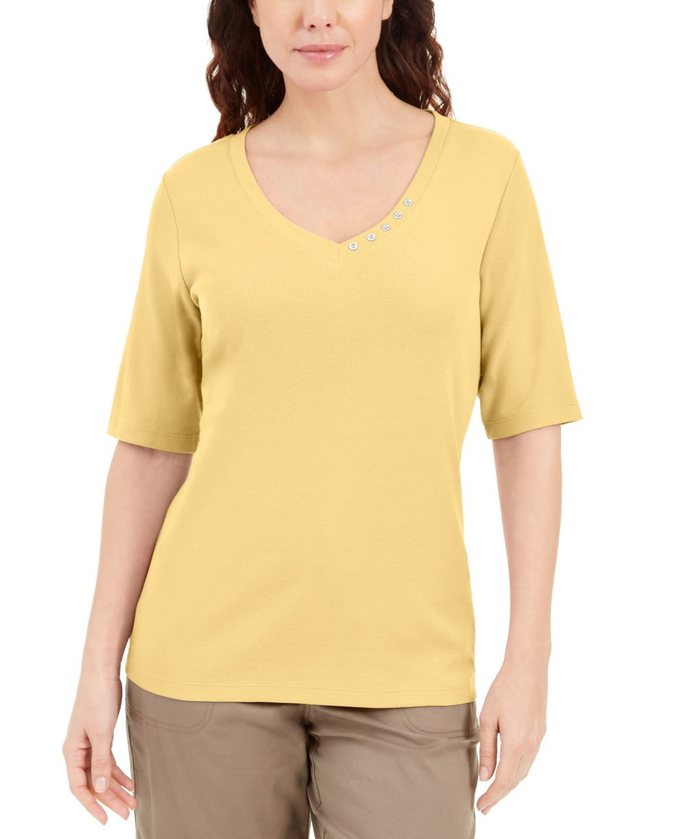 Blusa feminina Karen Scott com decote em V e detalhes em botões, amarela, tamanho pequeno