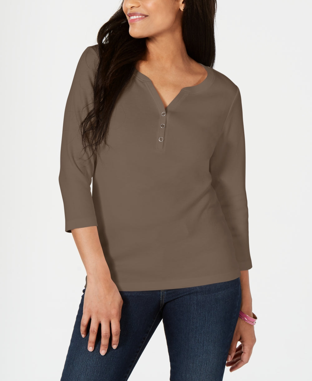 Karen Scott Top Henley de Algodão Feminino Marrom Tamanho X-S
