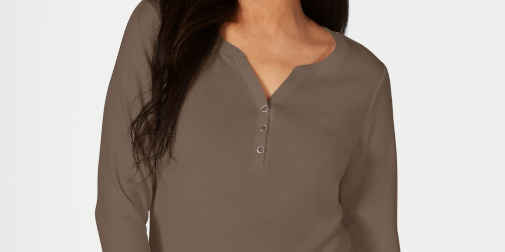 Karen Scott Top Henley de Algodão Feminino Marrom Tamanho X-S