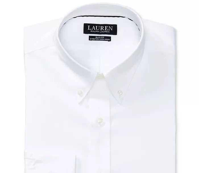 Camisa social masculina Ralph Lauren Slim Fit de popeline elástica, não precisa passar, branca, tamanho 32/33