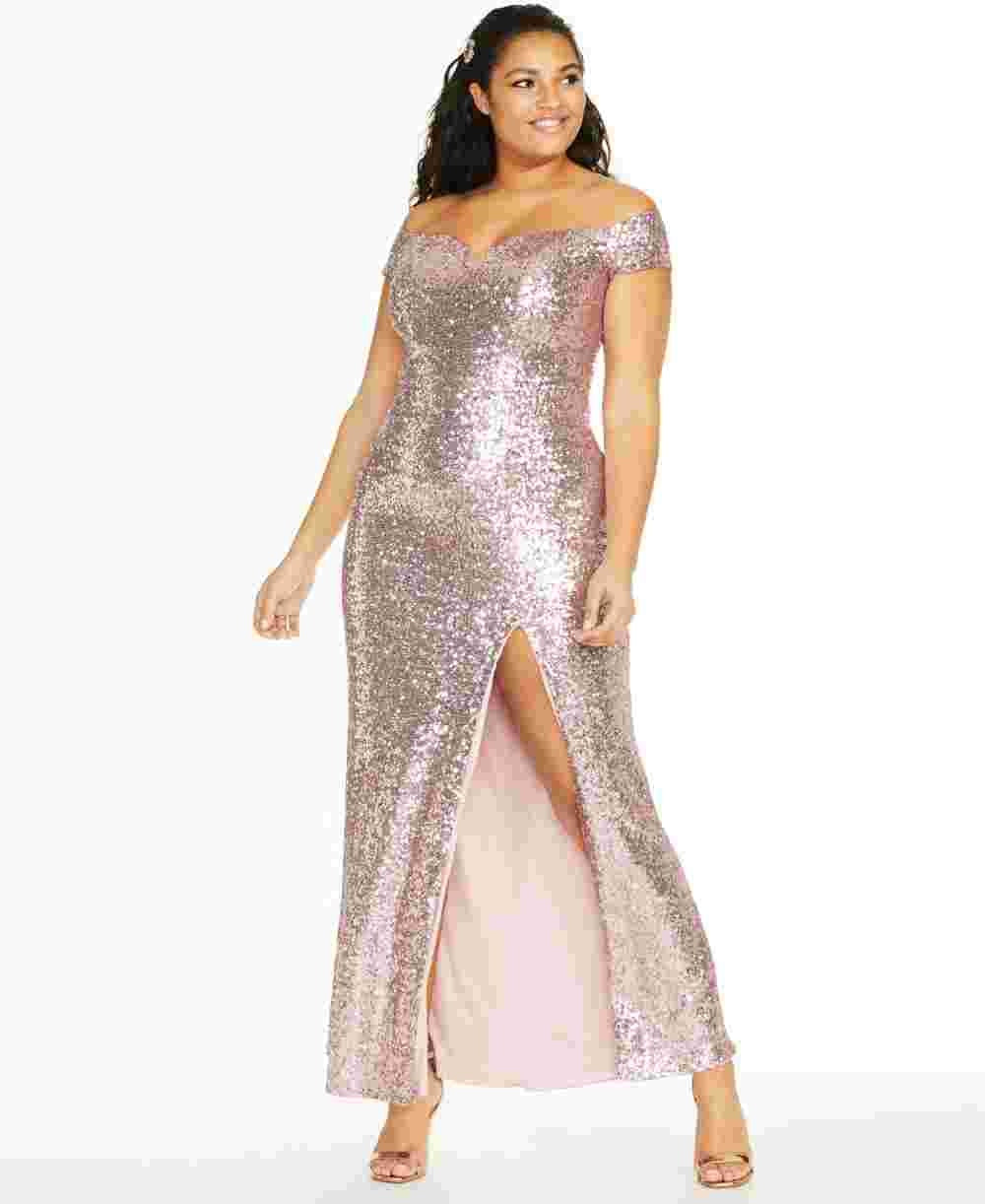 Vestido feminino B Darlin Plus Size com lantejoulas e ombros de fora, rosa, tamanho 14