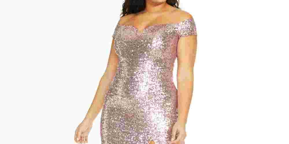 Vestido feminino B Darlin Plus Size com lantejoulas e ombros de fora, rosa, tamanho 14