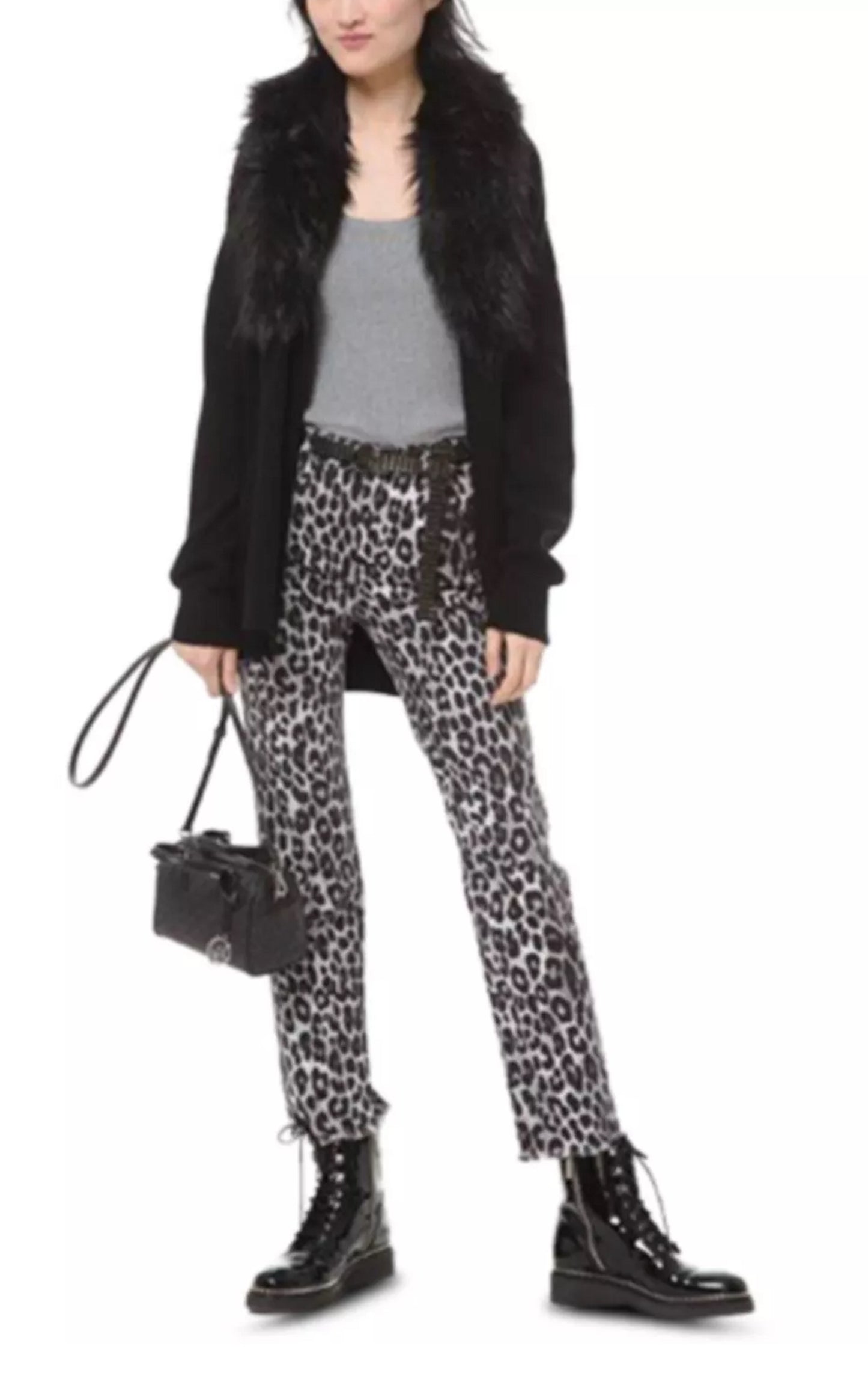 Michael Kors Cardigan Feminino com Cinto e Gola de Pele Sintética, Manga Longa, Aberto, Preto, Tamanho X-G