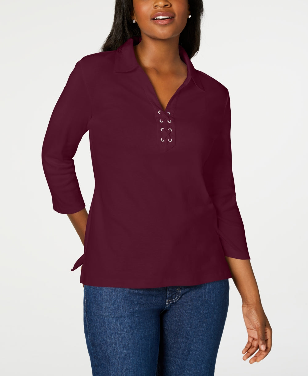 Camisa feminina Karen Scott de algodão com cadarço, vermelha, tamanho X-S