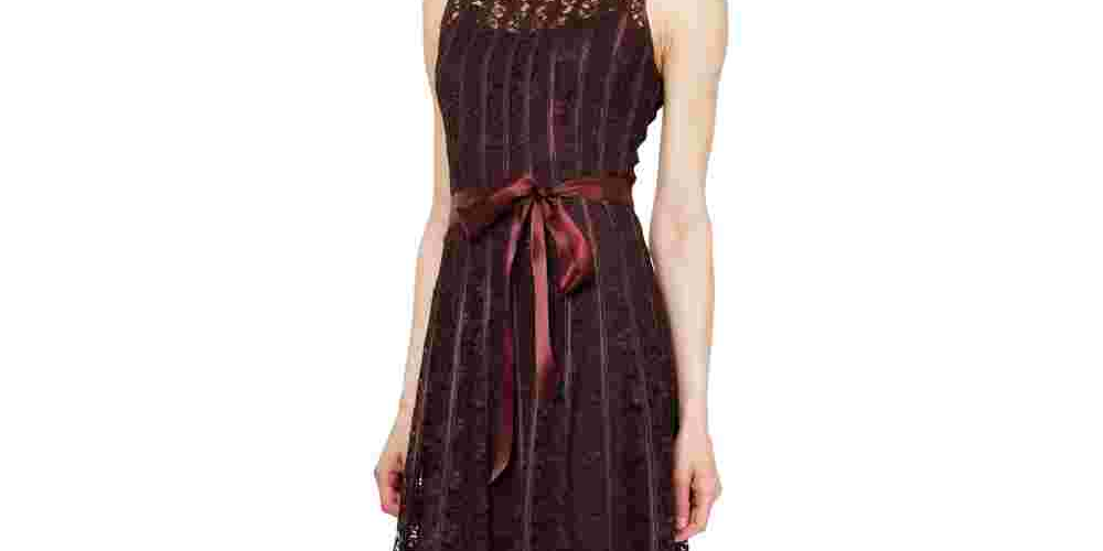Vestido de renda evasê sem mangas com cinto e cinto SL Fashions feminino, tamanho 6, marrom