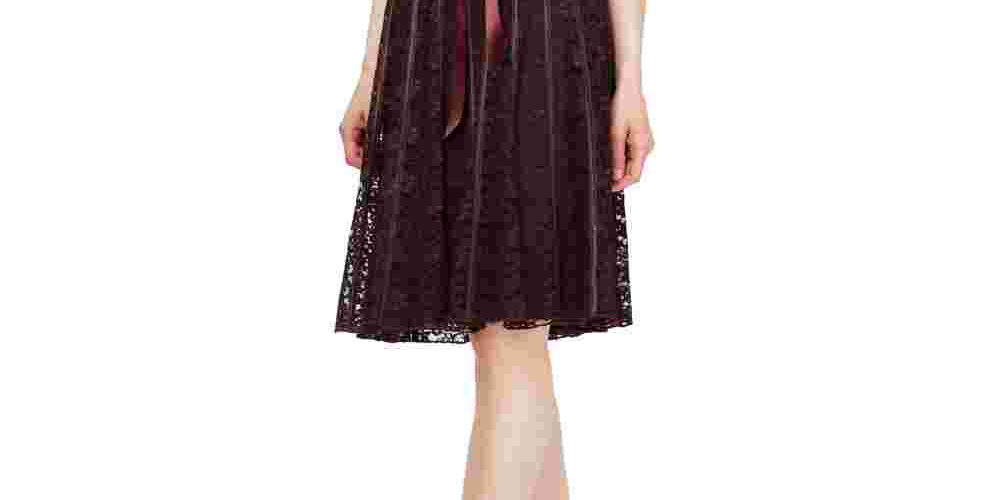 Vestido de renda evasê sem mangas com cinto e cinto SL Fashions feminino, tamanho 6, marrom