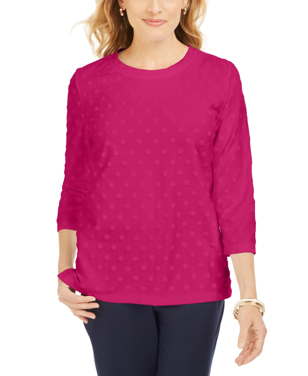 Karen Scott Top esportivo feminino com textura e bolinhas, manga 3/4, rosa, tamanho XS
