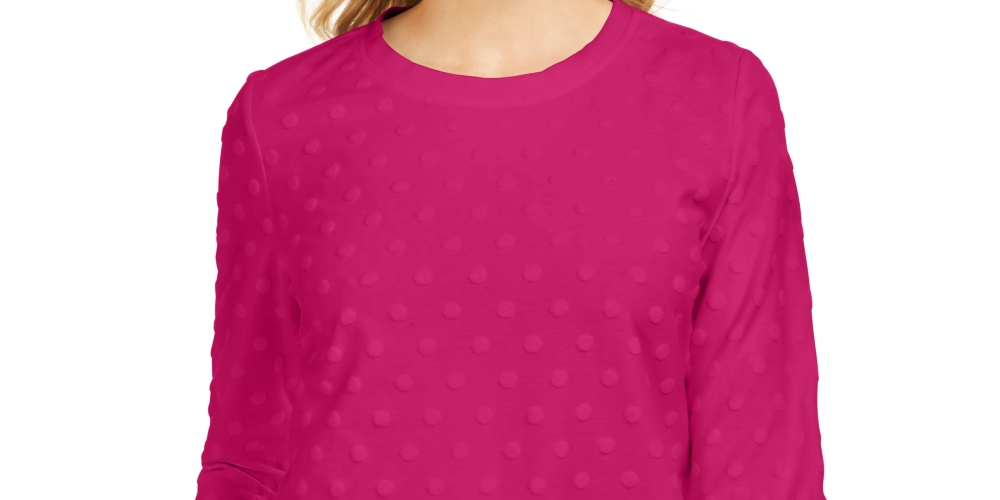 Karen Scott Top esportivo feminino com textura e bolinhas, manga 3/4, rosa, tamanho XS