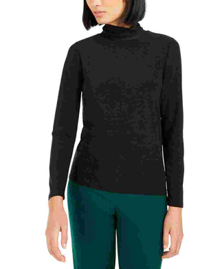 Blusa feminina Bar III Space Dye de manga comprida e gola alta, preta, tamanho médio