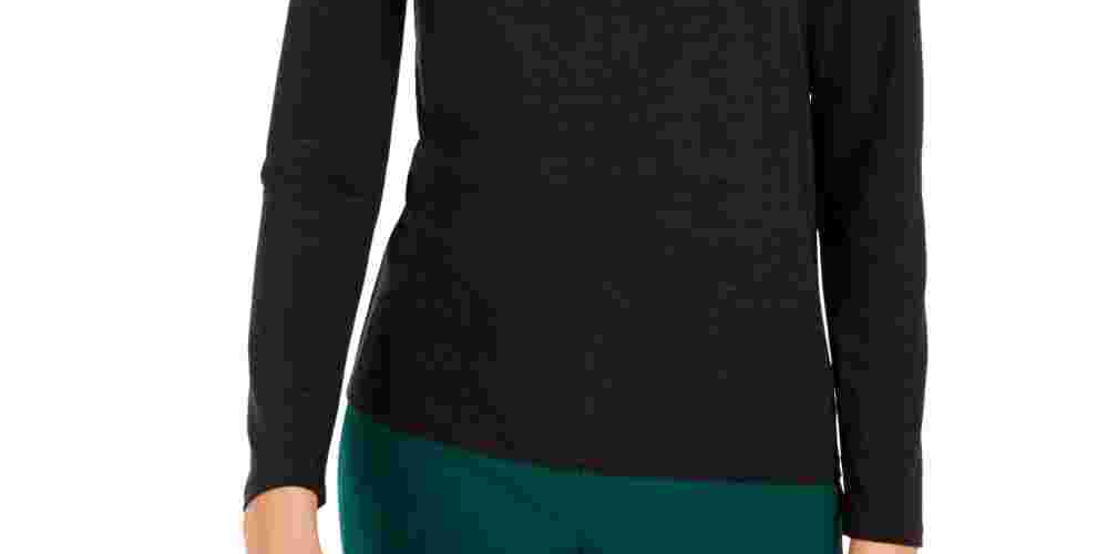 Blusa feminina Bar III Space Dye de manga comprida e gola alta, preta, tamanho médio