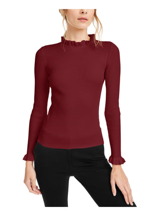 Anne Klein Women's Maroon Ruffled Long Sleeve Mock Sweater Wine Size XX-Small