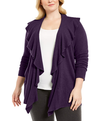 Karen Scott Suéter feminino plus size com decote babado e manga comprida, roxo, tamanho 2X