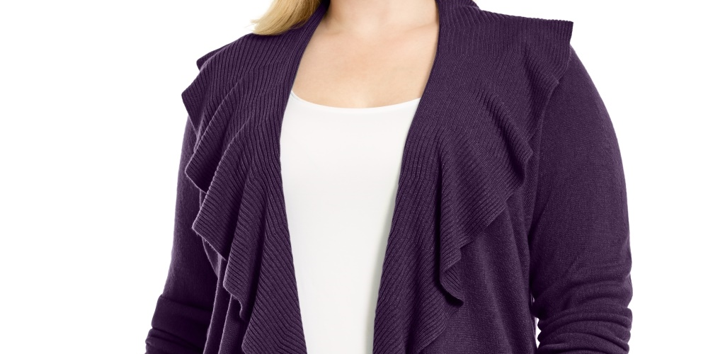 Karen Scott Suéter feminino plus size com decote babado e manga comprida, roxo, tamanho 2X