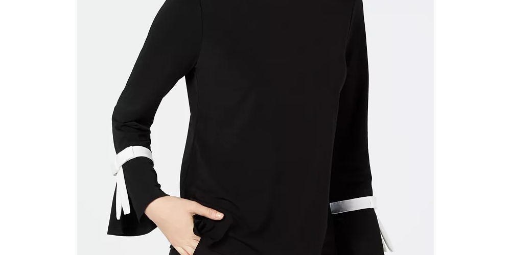 Charter Club Top feminino de crepe com detalhe de gravata, preto, tamanho médio