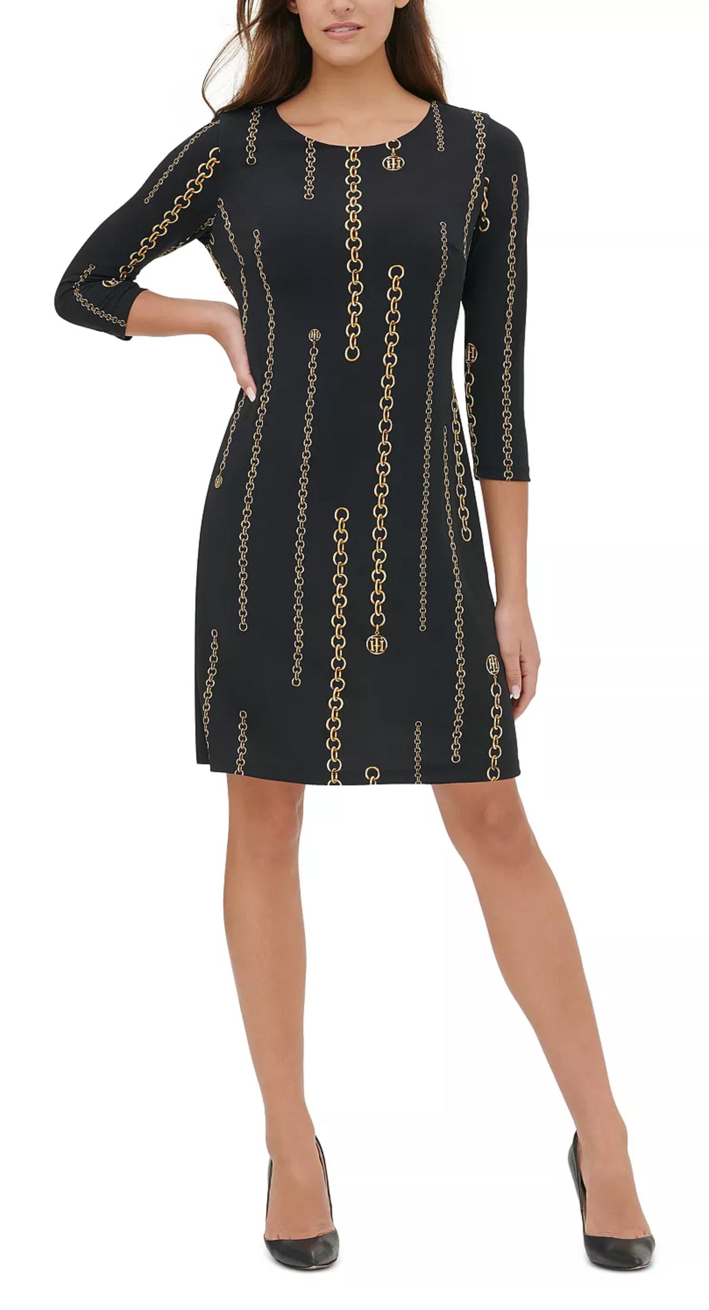 Vestido feminino Tommy Hilfiger com estampa de corrente evasê, preto, tamanho 6, pequeno