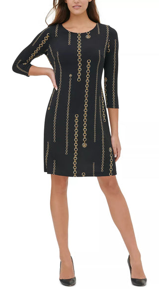 Vestido feminino Tommy Hilfiger com estampa de corrente evasê, preto, tamanho 6, pequeno