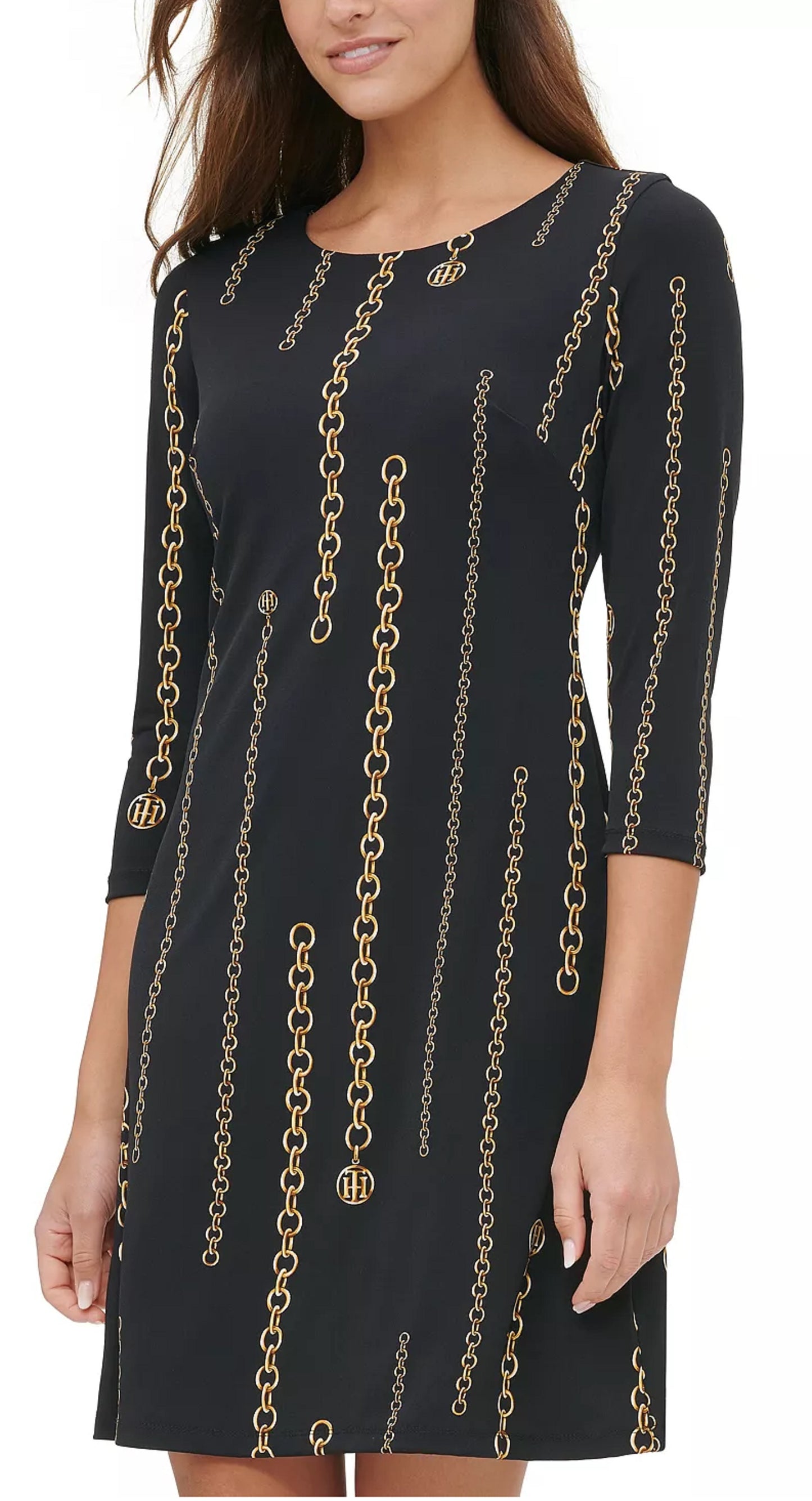 Vestido feminino Tommy Hilfiger com estampa de corrente evasê, preto, tamanho 6, pequeno