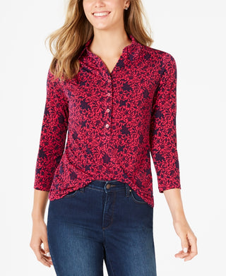 Camisa polo feminina Charter Club com estampa de manga 3/4, rosa, tamanho grande