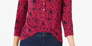 Camisa polo feminina Charter Club com estampa de manga 3/4, rosa, tamanho grande