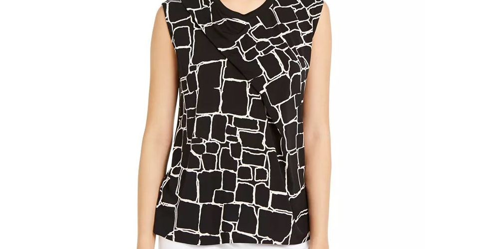 Blusa sem mangas com pregas frontais estampadas Alfani para mulheres, preta, tamanho grande