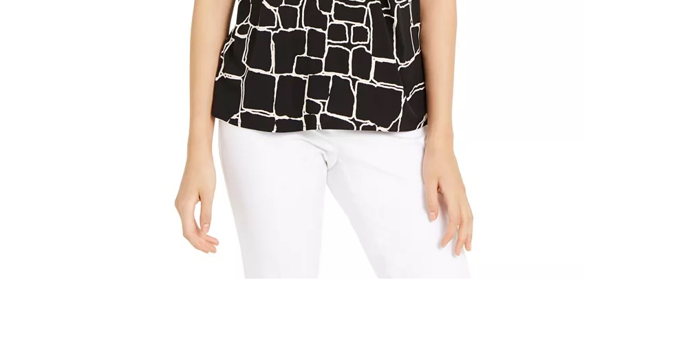 Blusa sem mangas com pregas frontais estampadas Alfani para mulheres, preta, tamanho grande